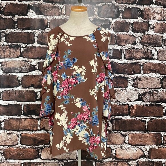 ODDY Dress Cold Shoulder Midi Shift Brown Floral Size 3X - Picture 4 of 15